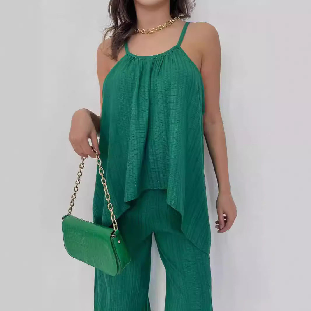 Women’s Halter Top and Pants Set – Draped Asymmetric Top – Wide Leg Relaxed Fit