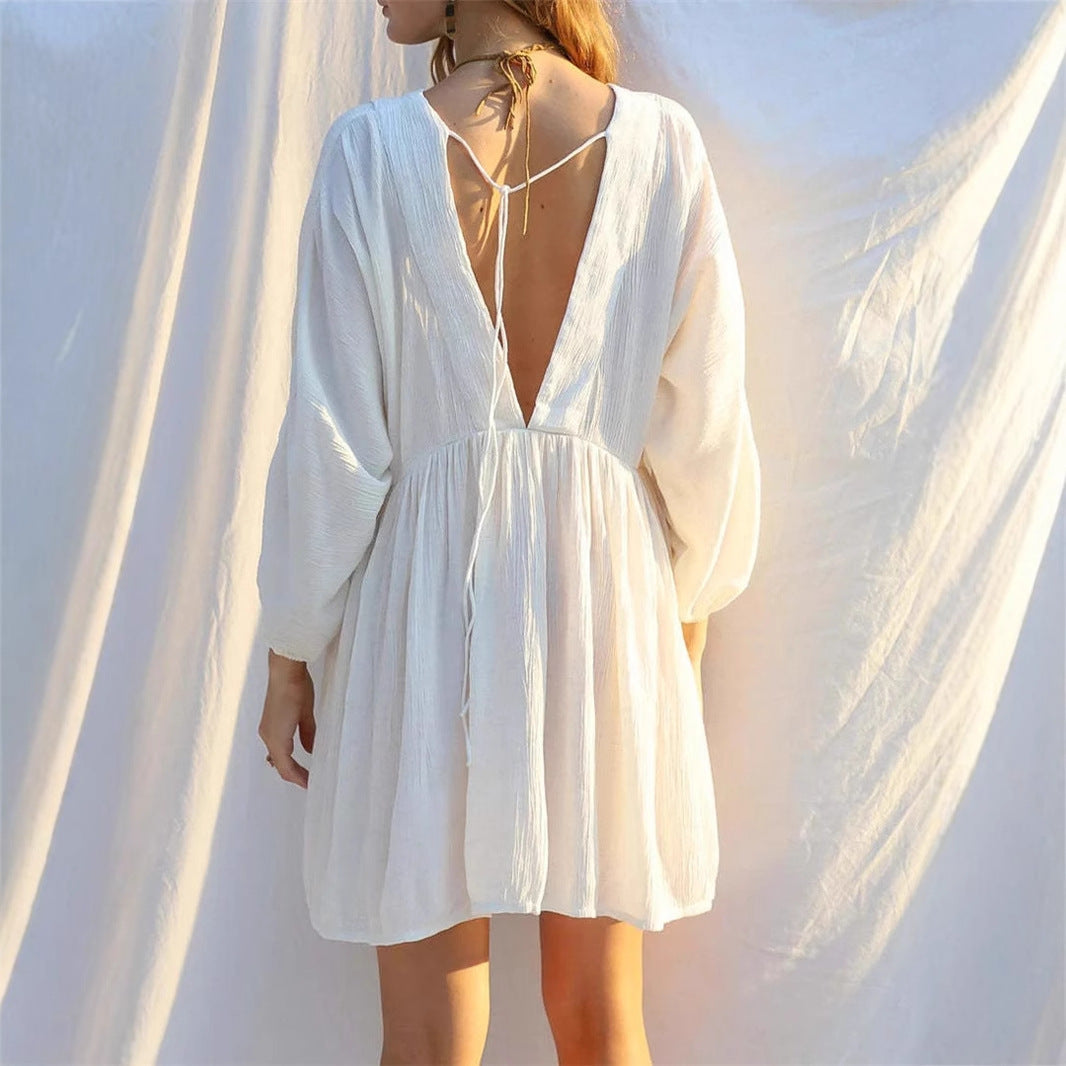 Women’s Mini Dress – Lightweight Sheer Fabric – V-Neck – Long Sleeve – Flowy Fit