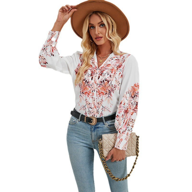 Women’s Blouse – Relaxed Fit – Button Down – Stand Collar – Floral Print – Long Sleeve