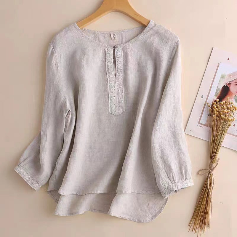 Women’s Short Sleeve Shirt – Relaxed Fit – Cotton Blend – Round Neck – Vintage Detail