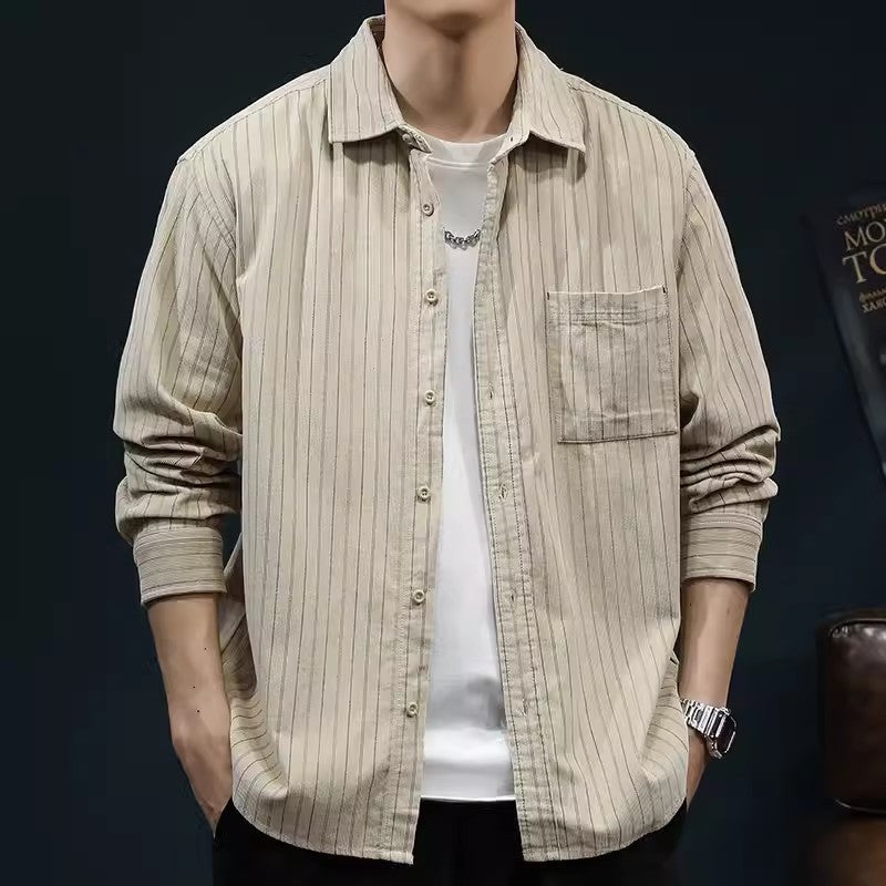 Men’s Long Sleeve Shirt – Relaxed Fit – Vertical Stripes – Breathable Cotton Casual