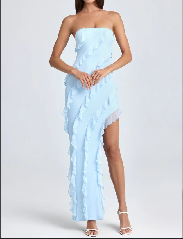 Women’s Strapless Gown – Slim Fit – Ruffle Detail – Asymmetrical Hem – Full Length