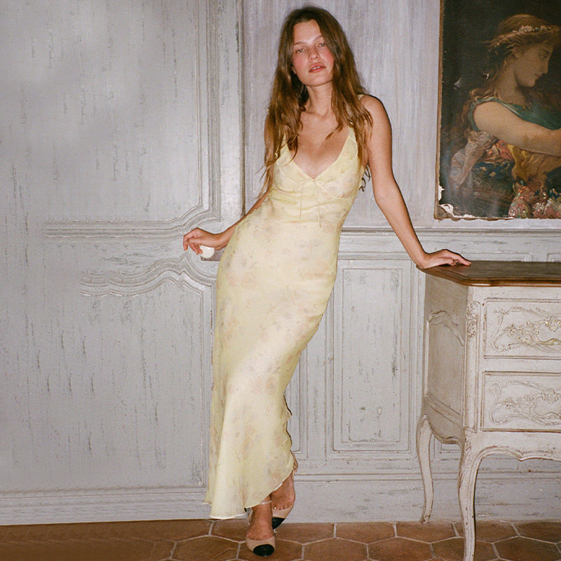 Women’s Slip Dress – Satin Feel – Slim Fit – Spaghetti Straps – Vintage Print – Full Length