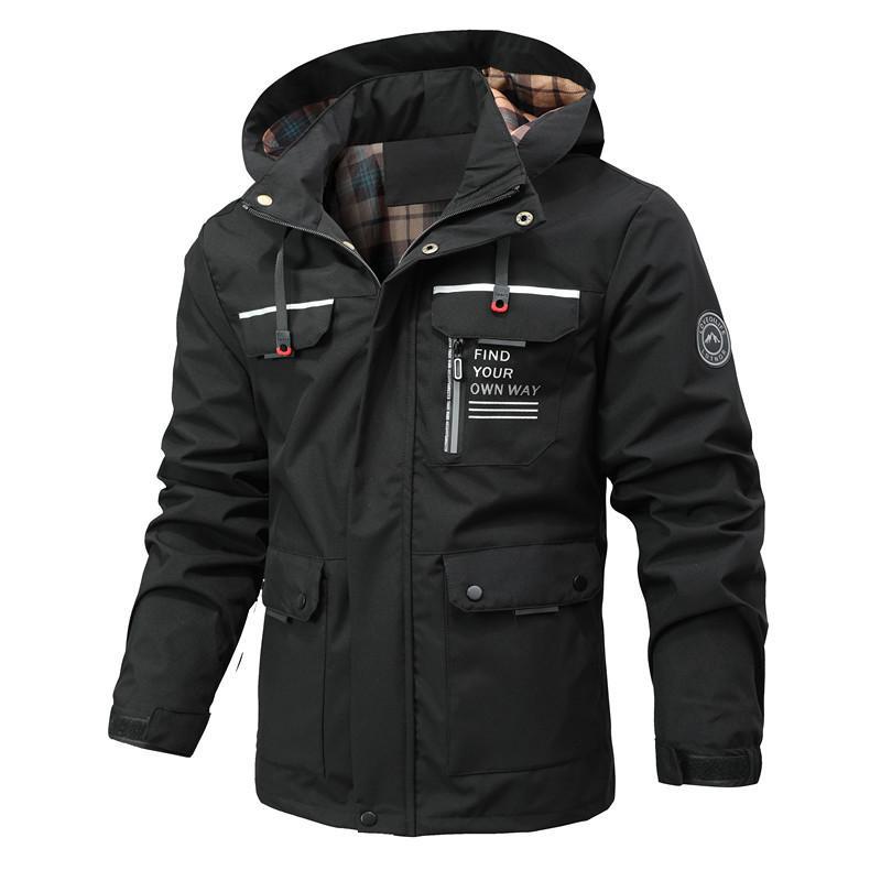 Men’s Windbreaker Jacket – Water-Resistant – Mid-Length – Hooded – Multi-Pocket Outdoor