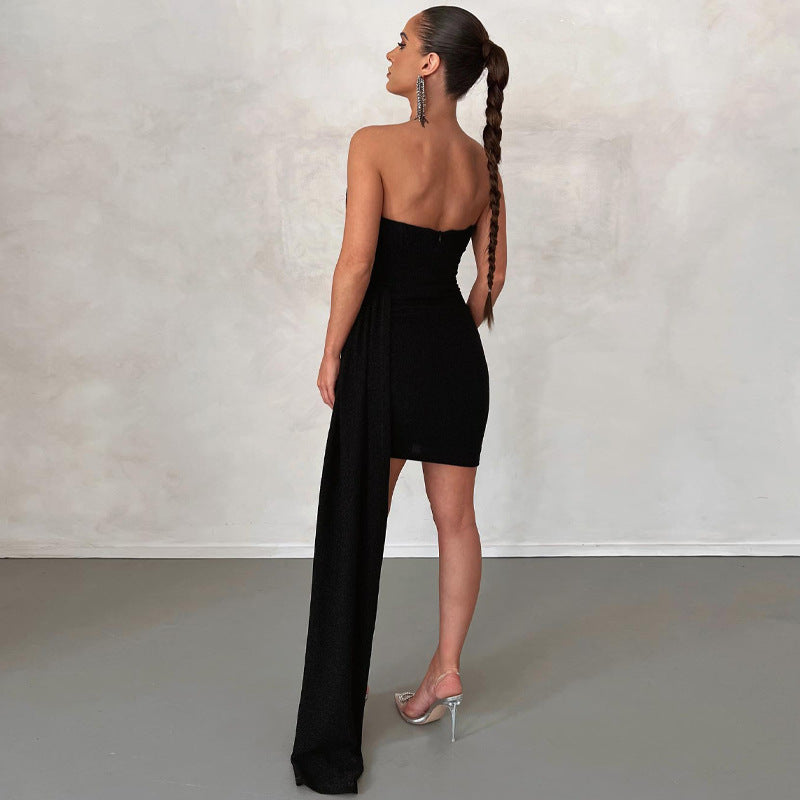 Women’s Mini Dress – Strapless Bodycon Fit – Satin Feel – Draped Asymmetrical Hem