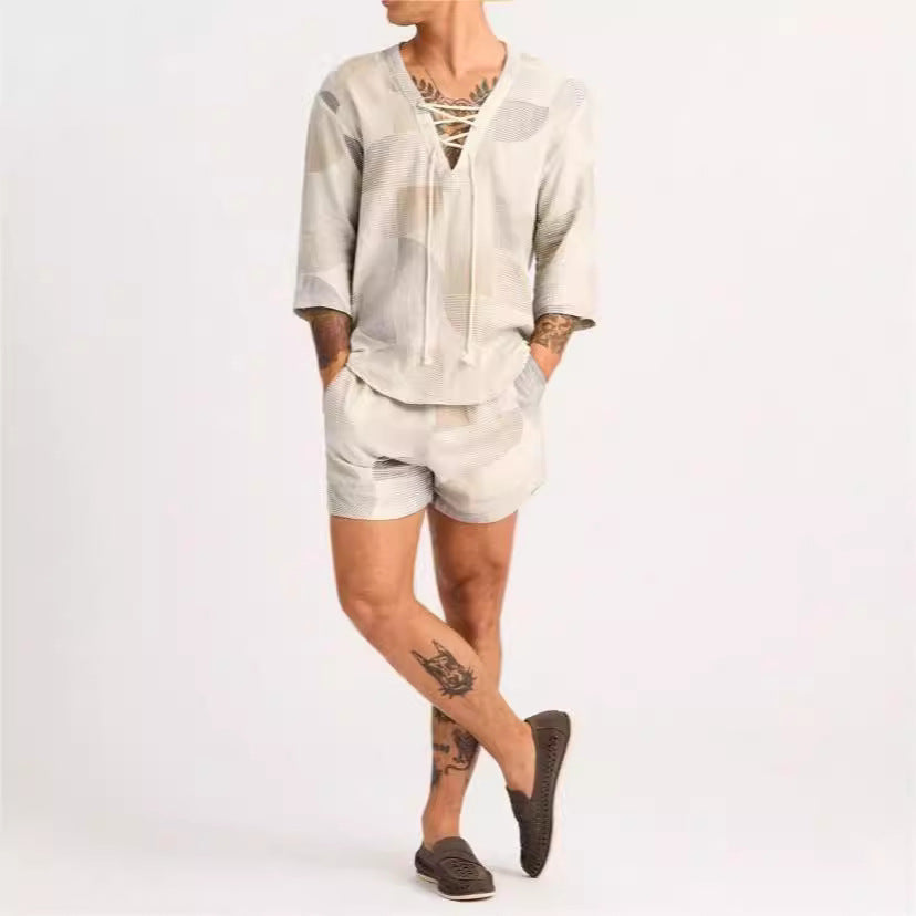 Men’s Casual Set – Lace-Up Shirt and Shorts – Relaxed Fit – Lightweight Breathable Fabric
