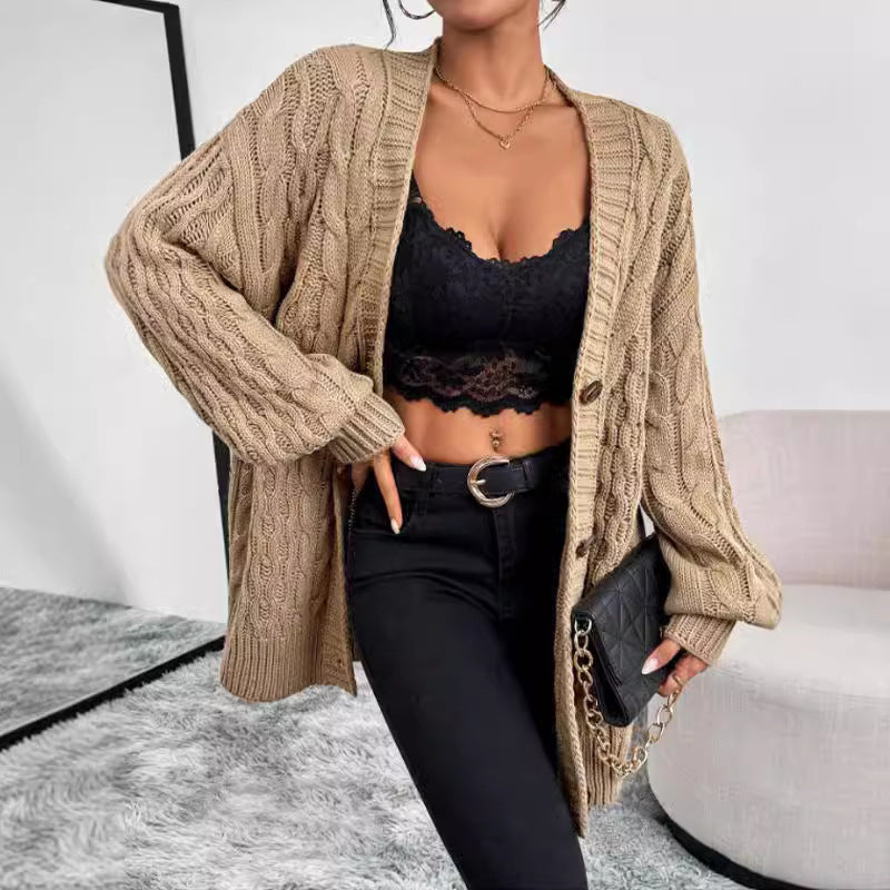 Women’s Cardigan – Cable Knit – Oversized Fit – V-Neck – Button Front – Long Sleeve
