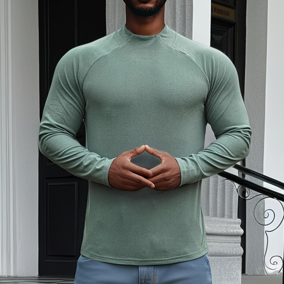 Men’s Long Sleeve T-Shirt – Slim Fit – Soft Stretch – Crew Neck – Raglan Sleeve