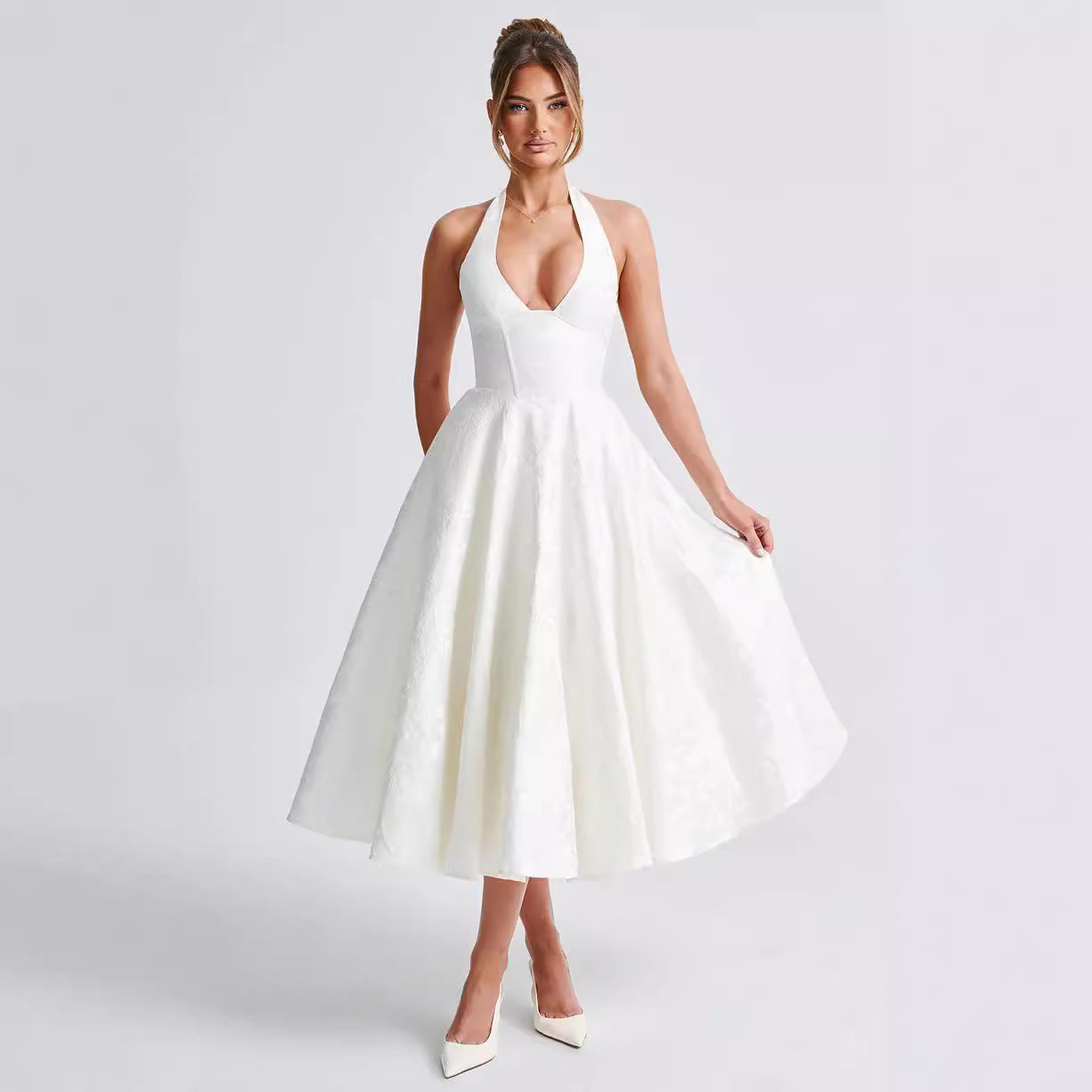 Women’s Halter Neck Dress – Jacquard Fabric – V-Neck – Tie Waist – Flared Maxi Fit