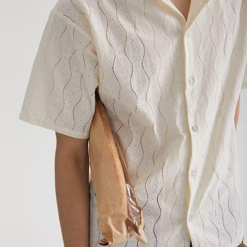 Men’s Short Sleeve Shirt – Cotton Blend Lace – Oversized Fit – Cuban Collar