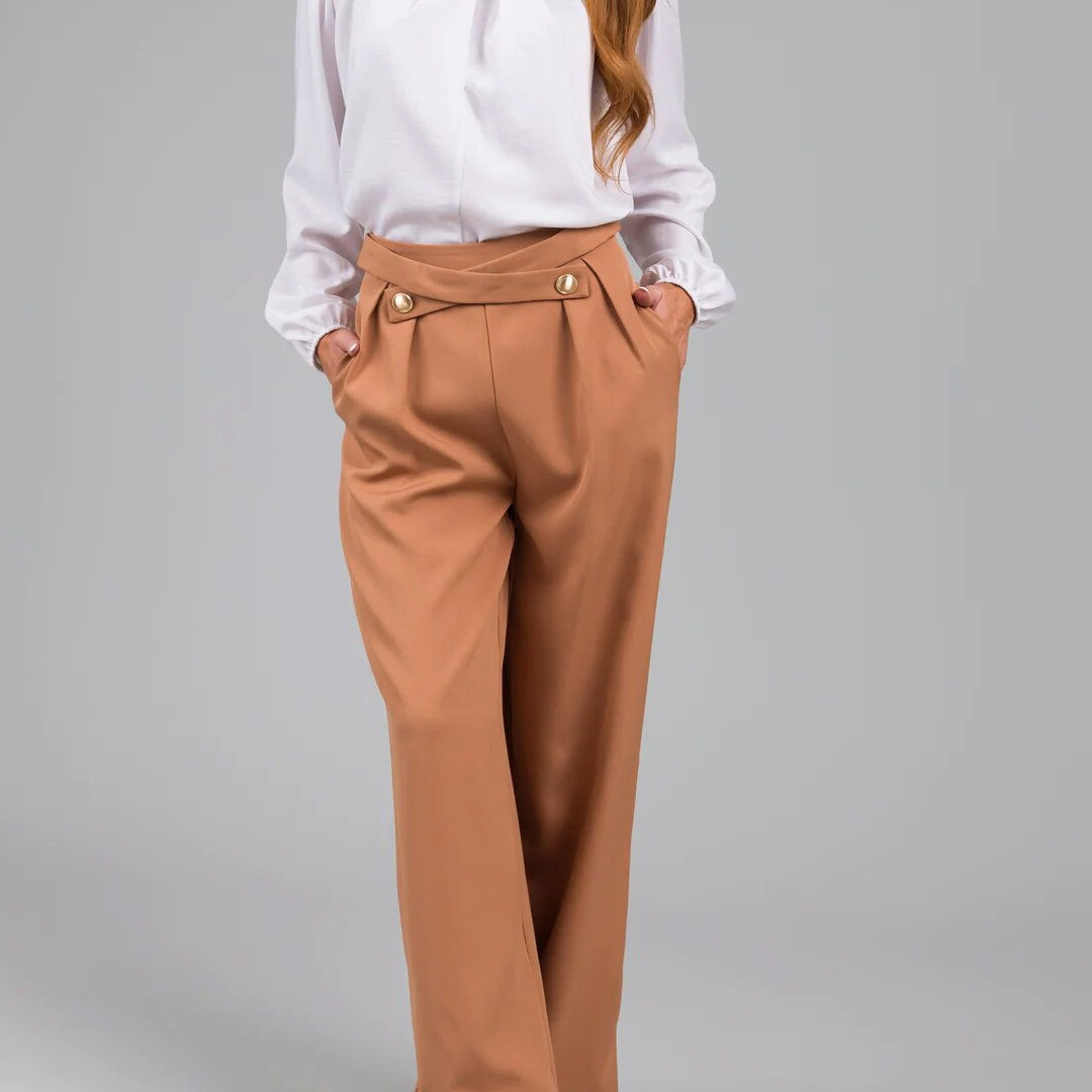 Women’s Wide-Leg Trousers – High Waist – Button Detail – Relaxed Fit – Full Length
