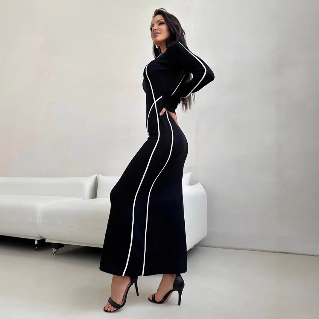 Women’s Bodycon Dress – Full Length – Slim Fit – Long Sleeve – Contrast Line Design