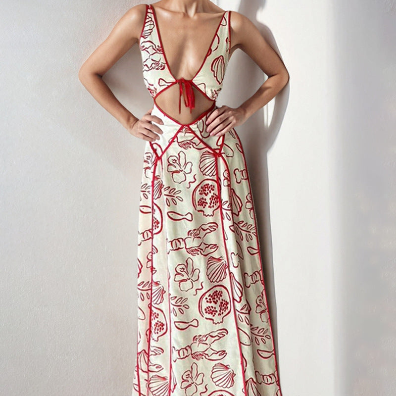 Women’s Maxi Dress – Cotton Fabric – V-Neck Cut-Out – Spaghetti Straps – Flowing Fit