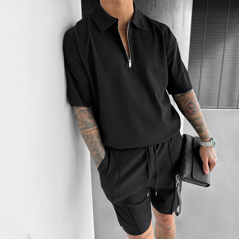 Men’s Polo and Shorts Set – Relaxed Fit – Soft Knit – Zipper Neck – Drawstring Waist