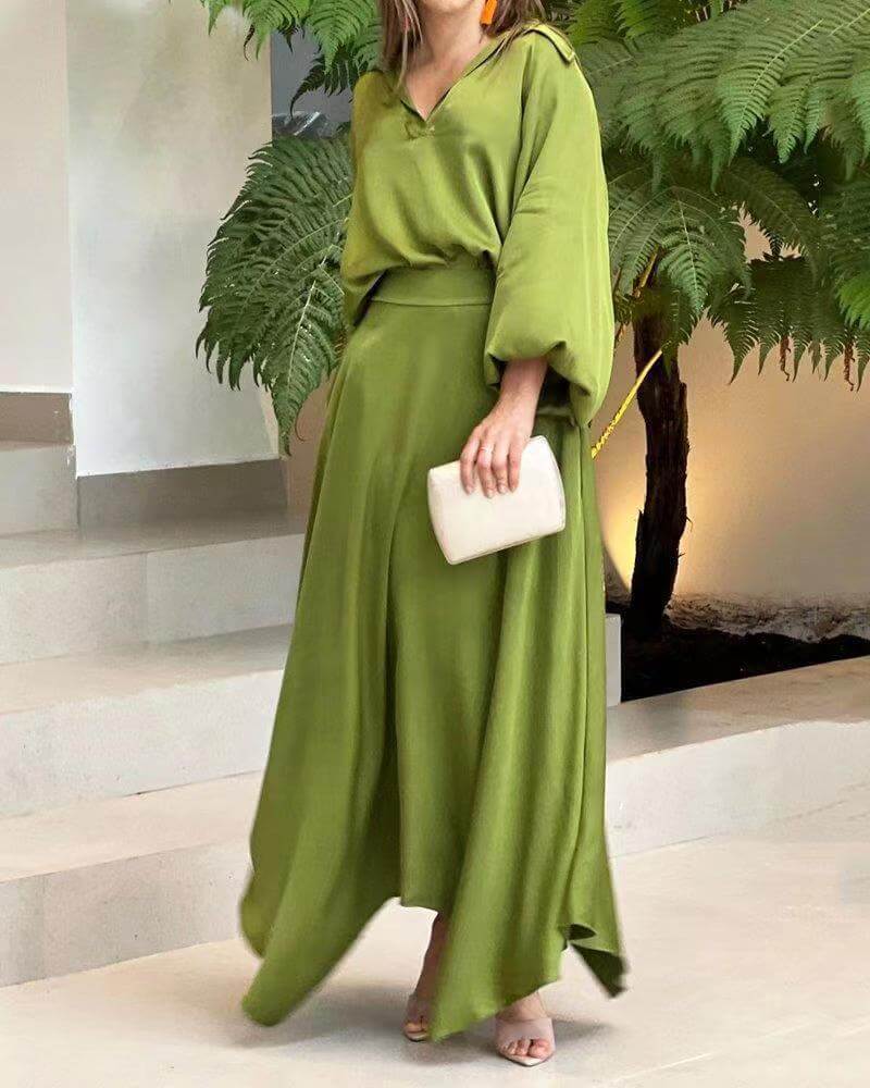 Women's Maxi Dress - Flowy Lightweight Fabric - V-Neck Long Wide Sleeves - Asymmetrical Hem