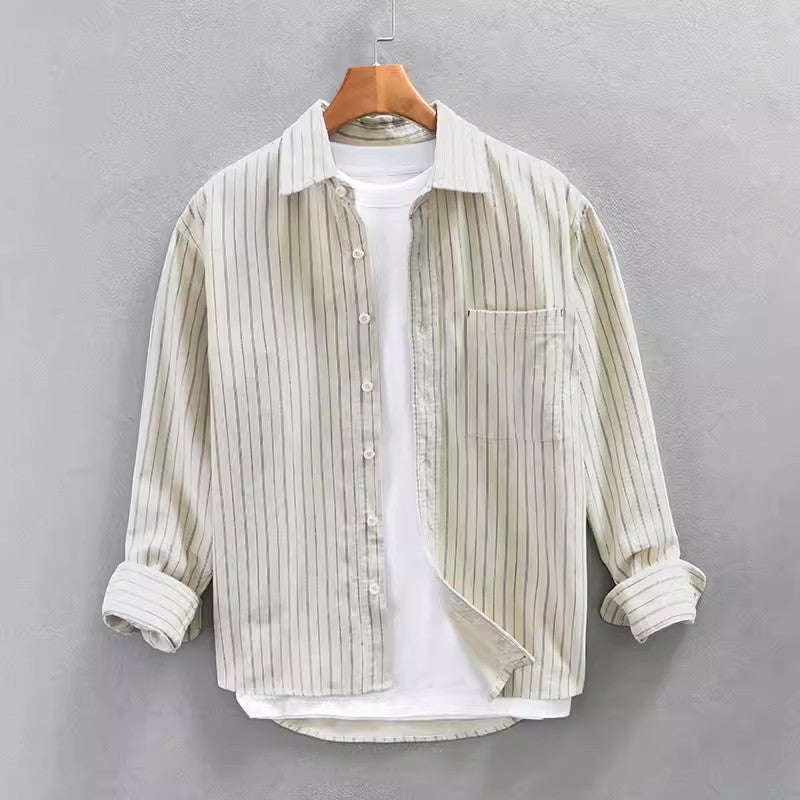 Men’s Long Sleeve Shirt – Relaxed Fit – Vertical Stripes – Lightweight Cotton Blend