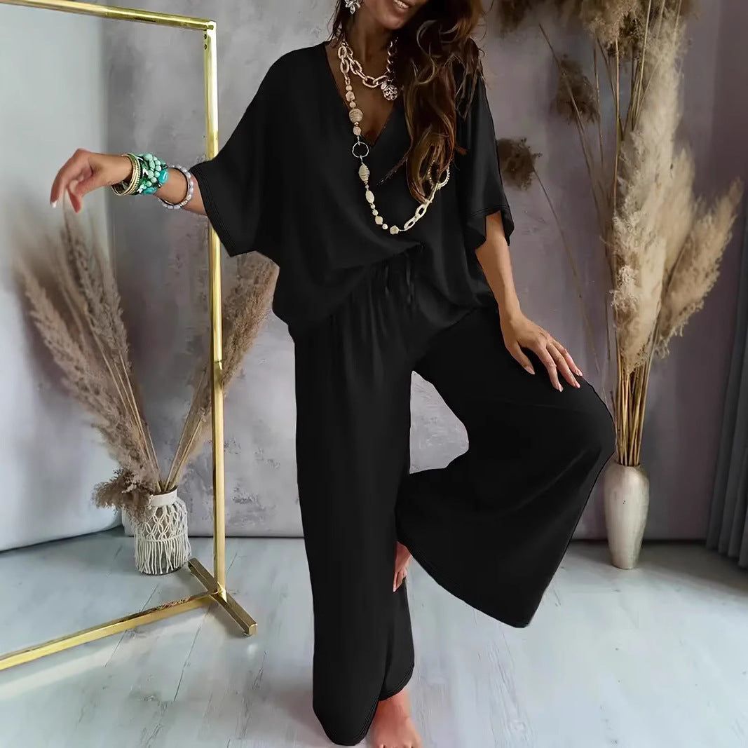 Women’s Two-Piece Set – V-Neck Top and Wide-Leg Pants – Relaxed Fit – Breathable Blend