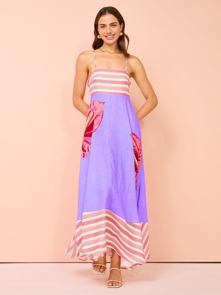 Women’s Midi Dress – Smocked Bodice – A-Line Fit – Lightweight Cotton Blend – Spaghetti Straps