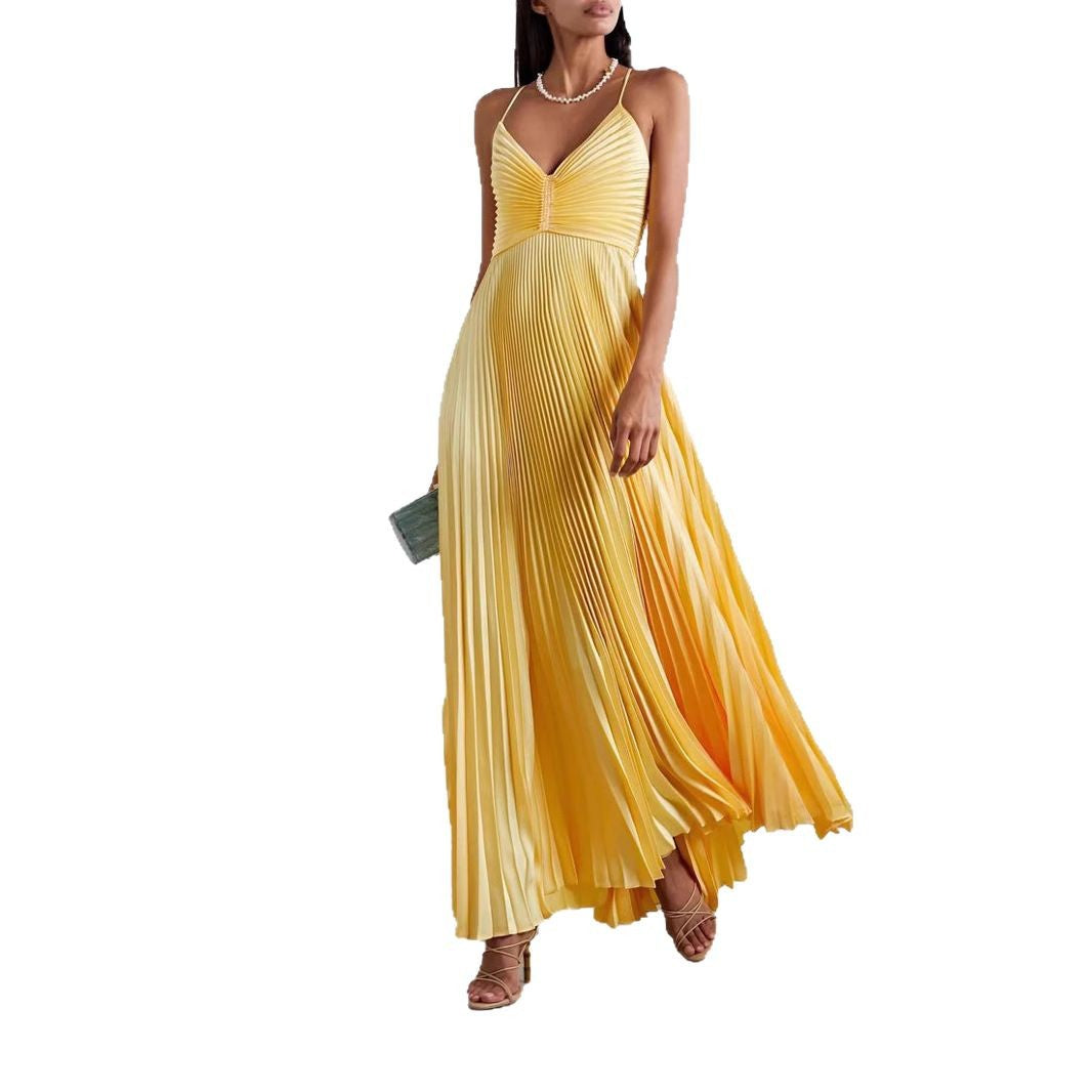 Women’s Maxi Dress – Satin Blend – Pleated Skirt – V-Neck – Spaghetti Straps – Formal Fit
