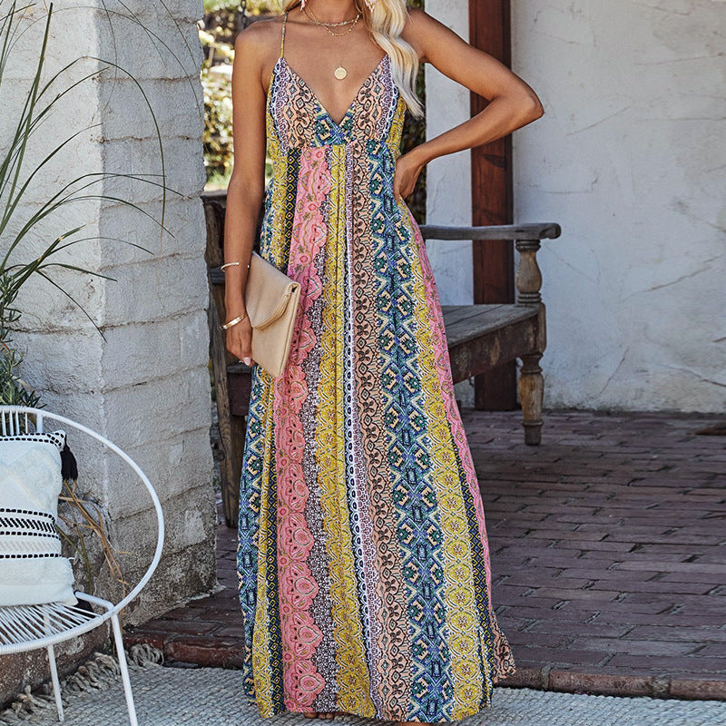 Women’s Maxi Dress – Lightweight Cotton Blend – Open Back – Flowy Fit – V-Neck Strap