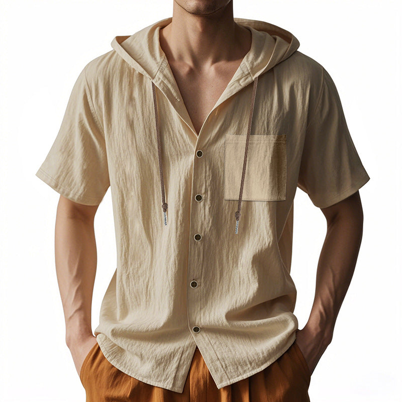 Men’s Hooded Shirt – Linen Blend – Relaxed Fit – Short Sleeve – Button-Up Casual