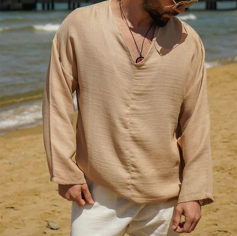 Men’s Linen Shirt – Relaxed Fit – V-Neck – Long Sleeve Lightweight Casual