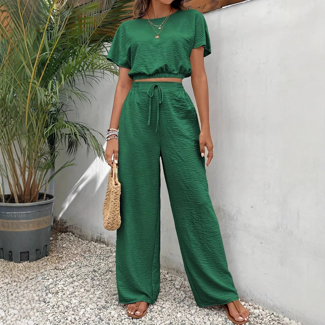 Women’s Two-Piece Set – Relaxed Fit Crop Top with Batwing Sleeves – Wide-Leg Pants