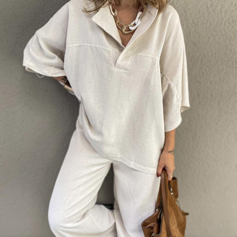 Women’s Two-Piece Set – Relaxed Fit – V-Neck Top – Wide-Leg High-Waisted Pants