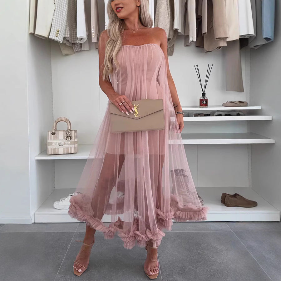 Women’s Strapless Midi Dress – Tulle Overlay – A-Line Loose Fit – Ruffle Hem