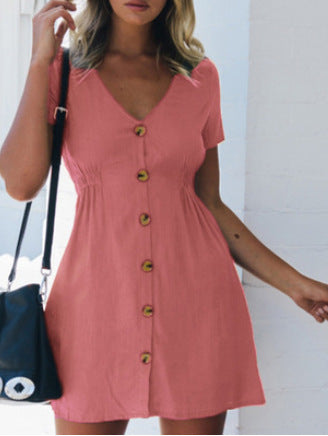Women's Short Dress - V-Neck Button Front - Relaxed Fit Mini Casual Wear