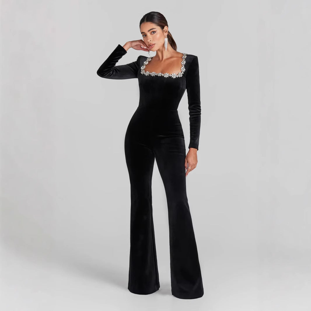 Women’s Jumpsuit – Velvet Fabric – Slim Fit – Embellished Neckline – Long Sleeve