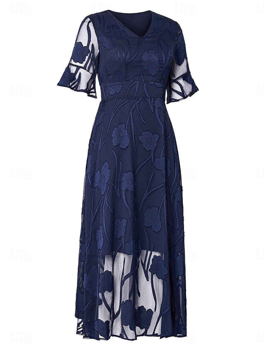 Women’s Maxi Dress – Lace Floral – V-Neck – Flutter Sleeve – Semi-Formal Fit