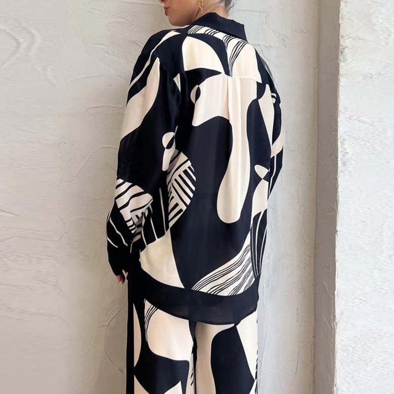 Women’s Matching Set – Relaxed Fit – Button-Up Top – Wide-Leg High-Waist Pants