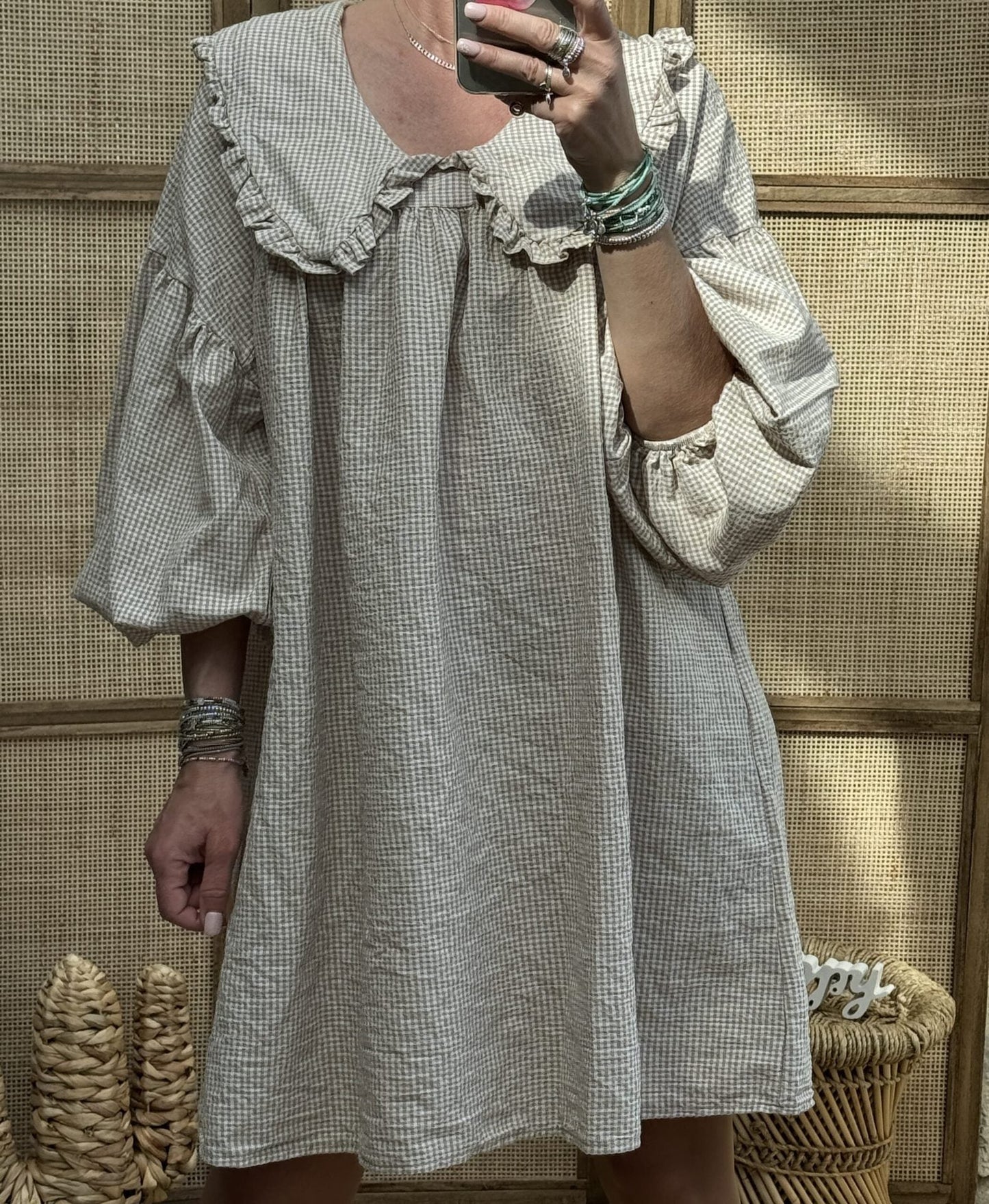 Women’s A-Line Dress – Cotton Checkered – Ruffled Collar – Balloon Sleeve – Short Length