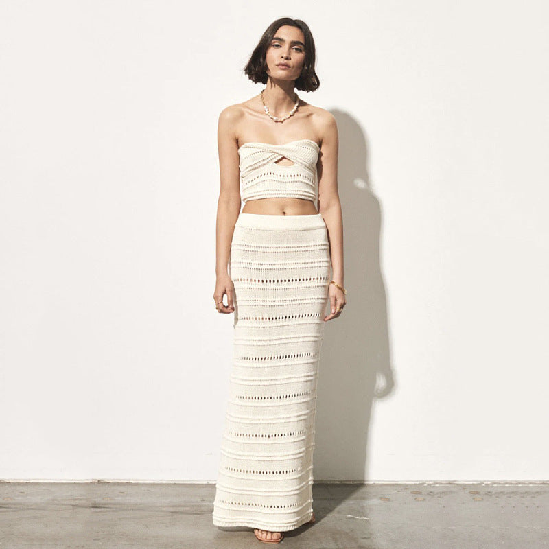 Women’s Two-Piece Set – Crochet Bandeau Top Twist Front – High-Waisted Slim Midi Skirt