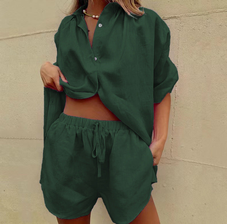 Women’s Two-Piece Set – Linen Blend – Relaxed Fit Shirt – High-Waisted Drawstring Shorts