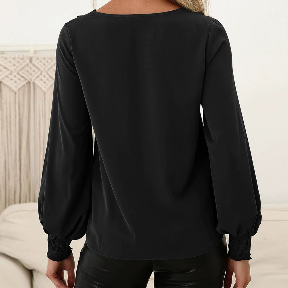Women’s Long Sleeve Shirt – Relaxed Fit – Ruffle Trim – Smocked Cuffs – Soft Draped Cotton