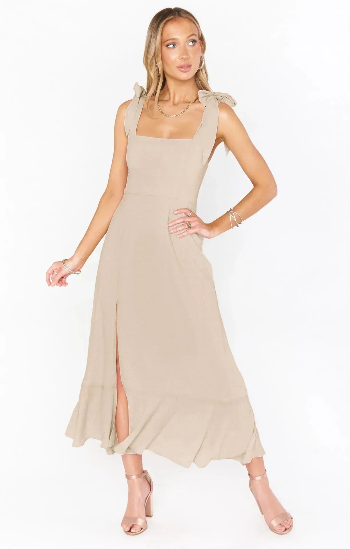 Women's Midi Dress - Square Neck - Sleeveless Bow Straps - Fitted Waist - Flared Hem