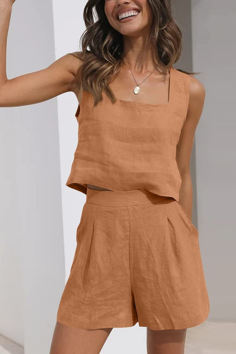 Women’s Two-Piece Set – Linen Blend – Cropped Sleeveless Top – High Waist Pleated Shorts