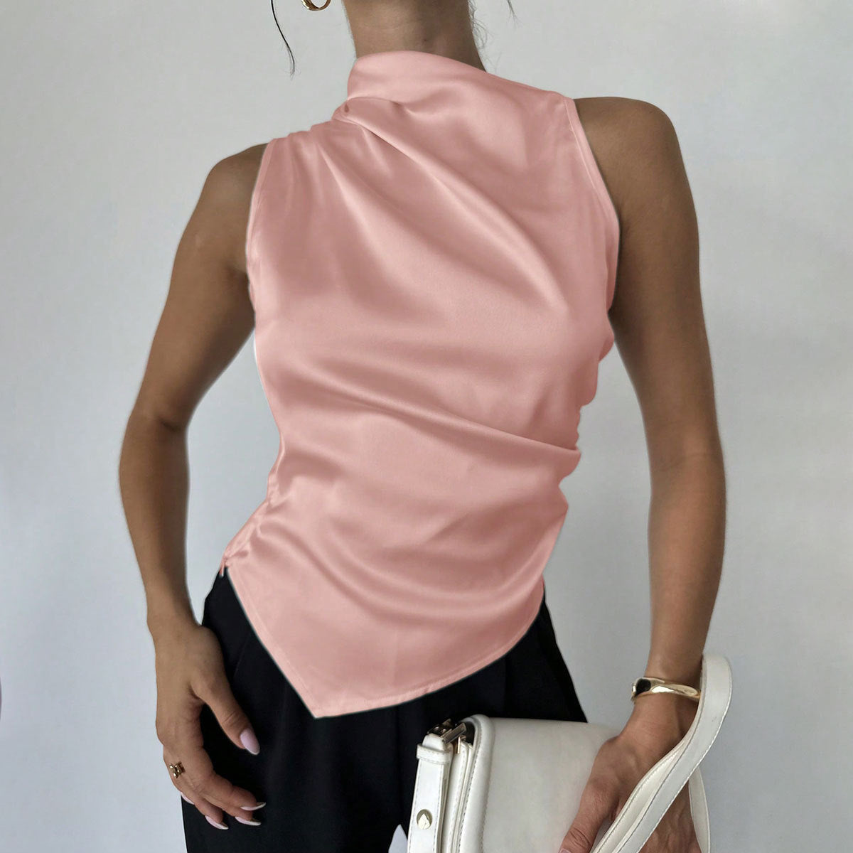 Women’s Sleeveless Blouse – Slim Fit – High Neck – Draped Front – Luxury Fabric