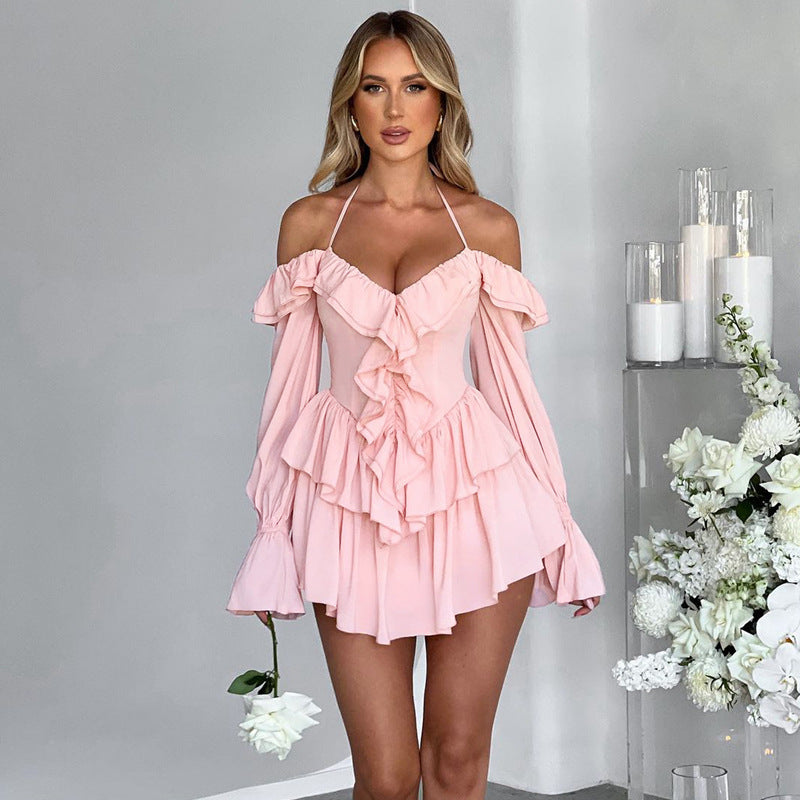 Women’s Romper – Halter Neck – Off-Shoulder Long Sleeves – Deep V Ruffle Front – Flowy Fit