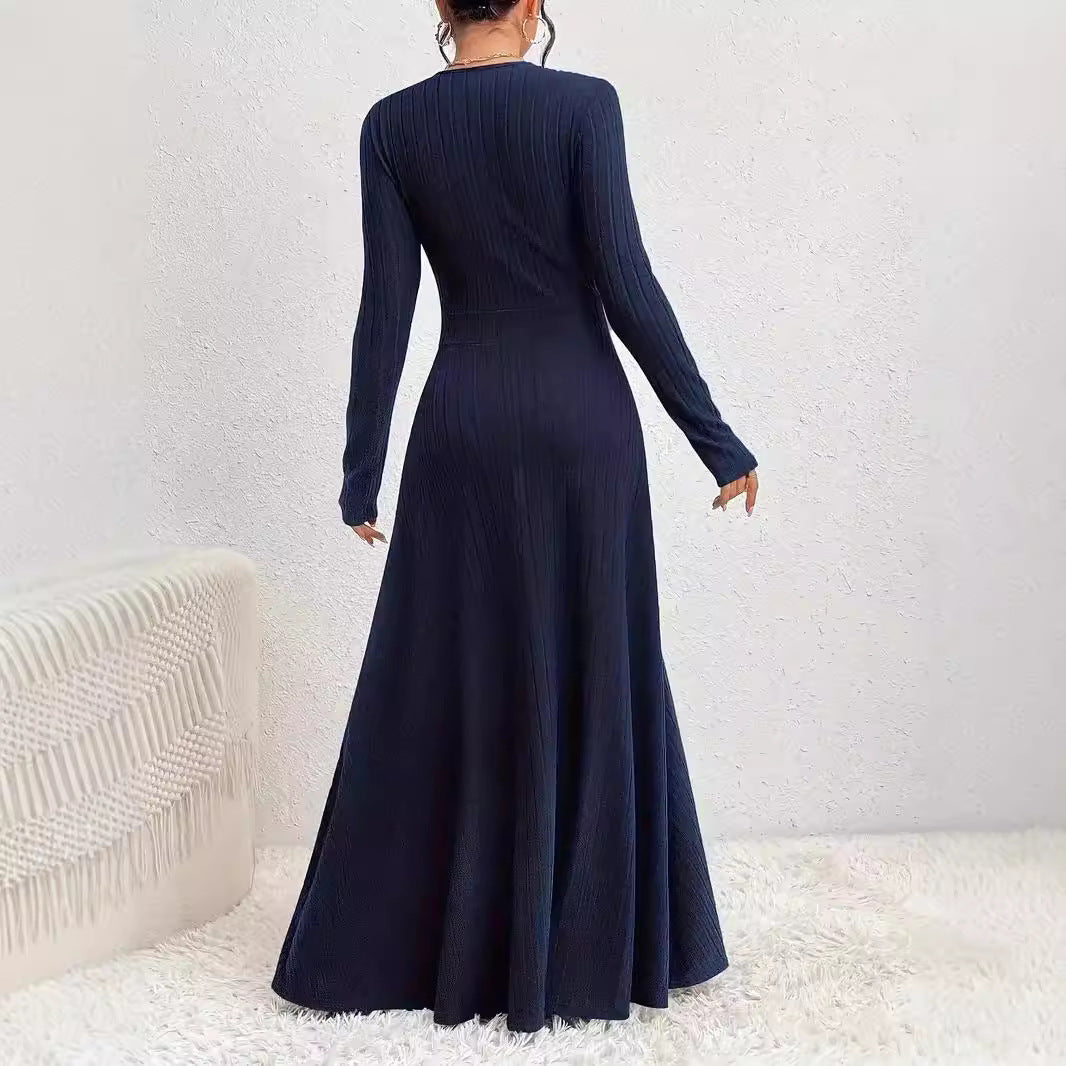 Women’s Long Sleeve Dress – Soft Knit – Fit and Flare – V-Neck – Full Length Elegant