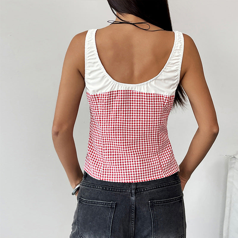 Women’s Tank Top – Cotton Blend – Slim Fit – Gingham Pattern – Scoop Neck Keyhole Tie