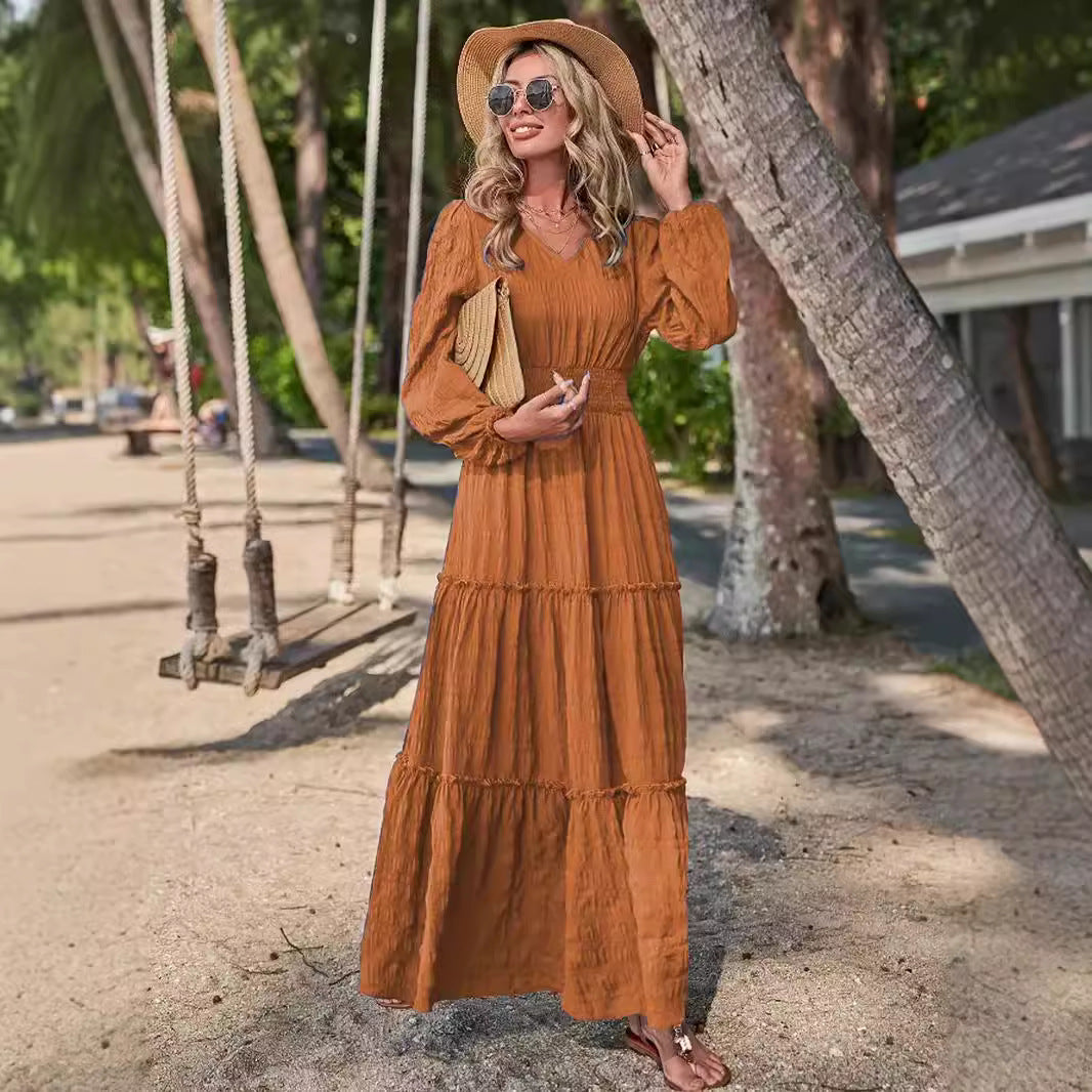 Women’s Maxi Dress – V-Neck – Smocked Waist – Tiered – Long Sleeve Flowy Fit