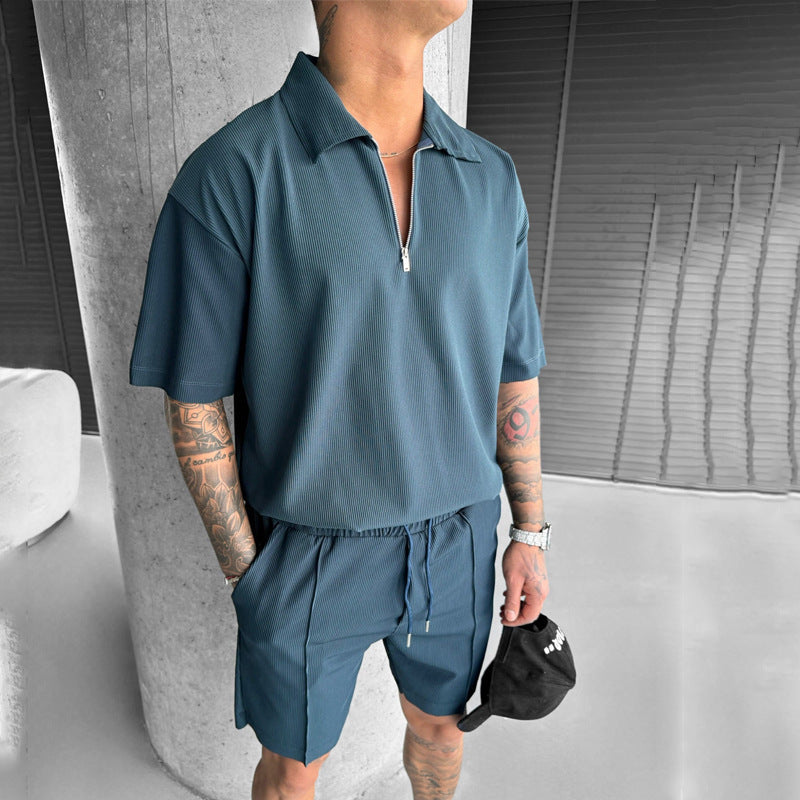 Men’s Polo and Shorts Set – Relaxed Fit – Soft Knit – Zipper Neck – Drawstring Waist