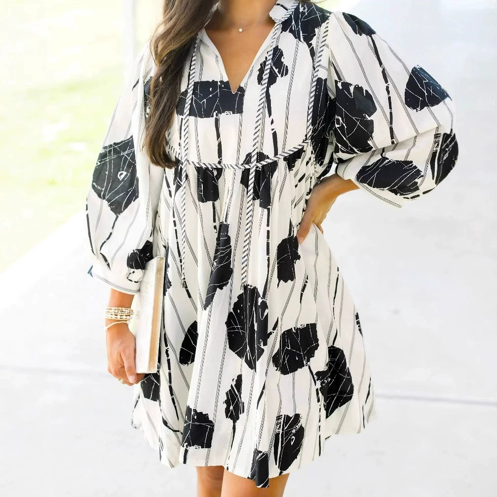 Women’s Short Dress – Cotton Blend – Puff Sleeve – V-Neck – Cinched Waist – Floral Print