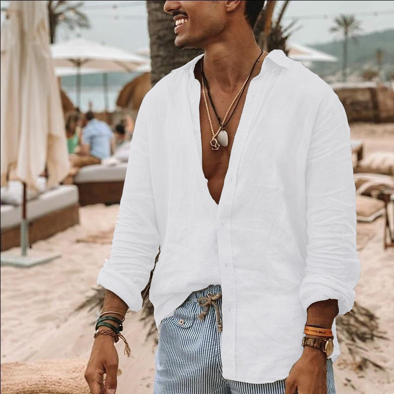 Men’s Long Sleeve Shirt – Relaxed Fit – Deep V-Neck – Natural Fibers – Casual Style