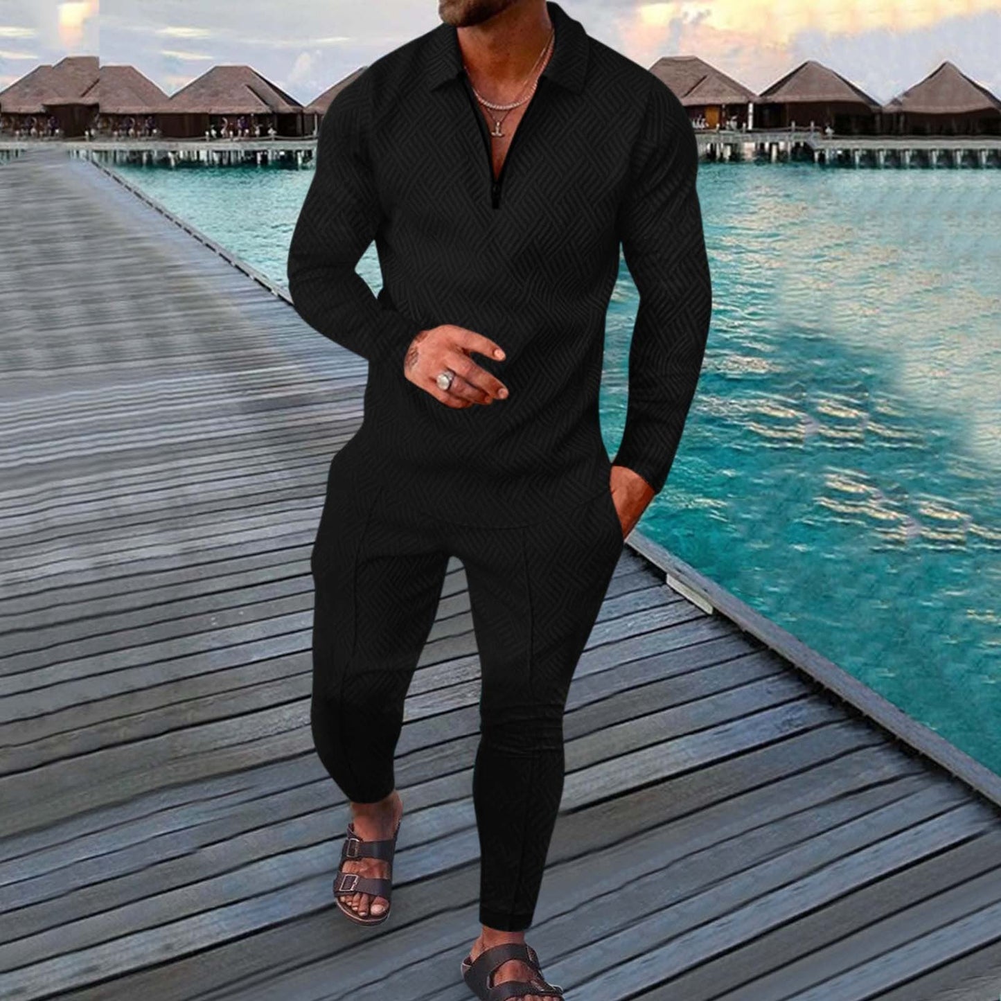 Men’s Sports Leisure Suit – Slim Fit – Long Sleeve Polo – Geometric Print