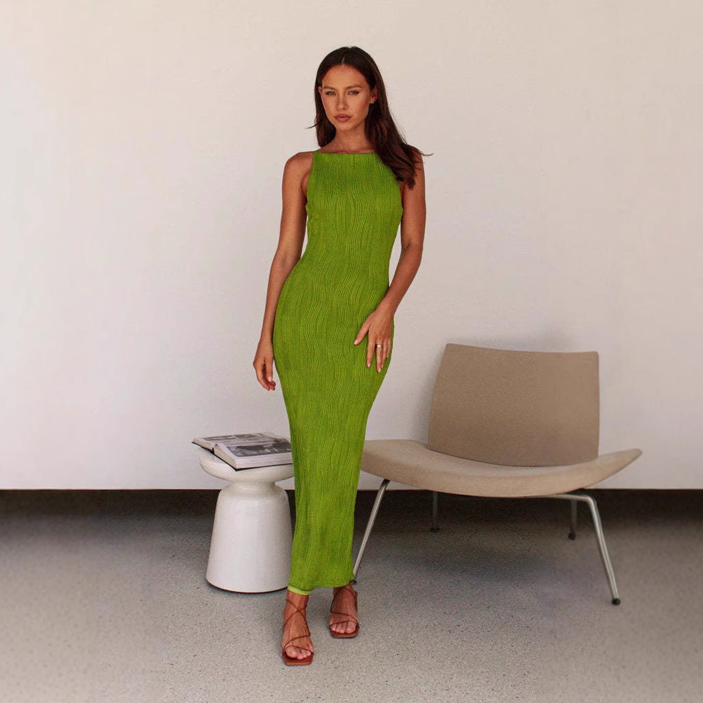 Women’s Sleeveless Dress – Slim Fit – Backless – Water Ripple Texture – Midi Length