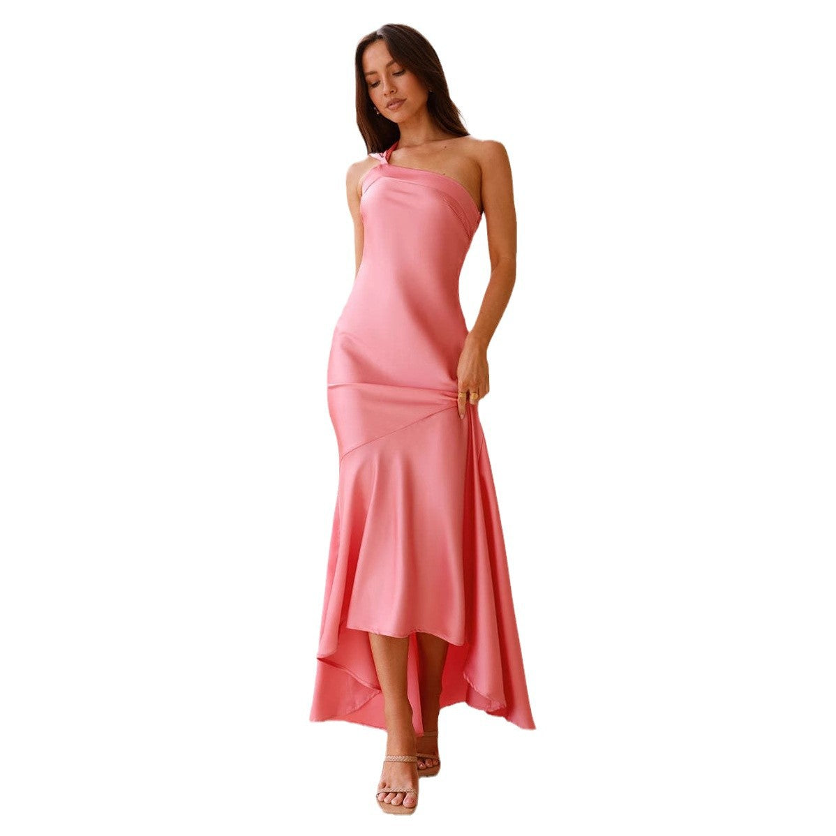 Women’s Mermaid Dress – One Shoulder – Satin-Like Fabric – Slim Formal Fit – Flared Hem
